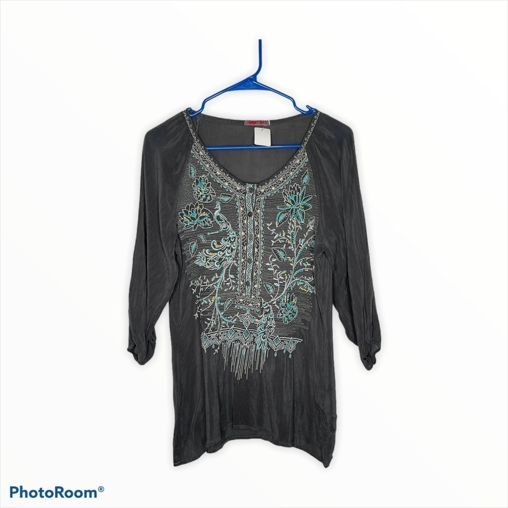 Johnny Was Embroidered Boho Tunic Top Blue Gray Flowy Blouse XS - Picture 4 of 11